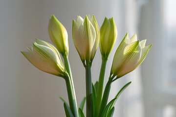 Naklejka premium Elegant Green and White Tulip Bouquets in Sunlit Room Spring Home Decor, Nature Photography