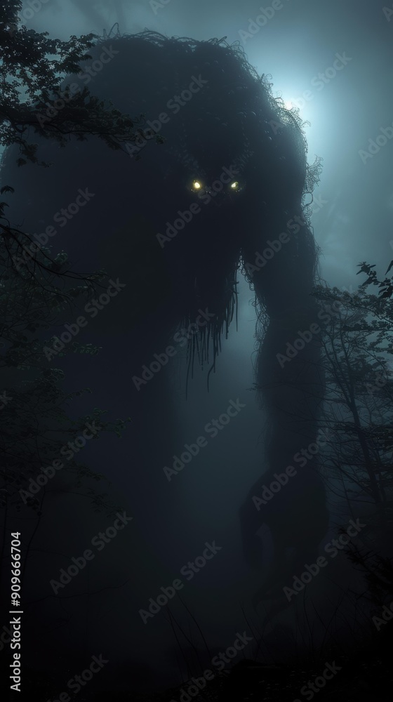 Poster a shadowy figure lurks in the forest. ai.