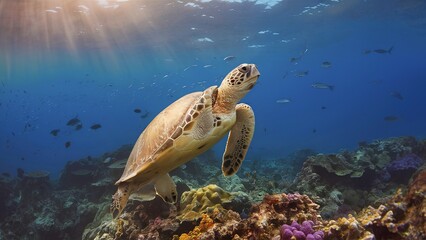 Obraz premium An underwater scene with a sea turtle swimming gracefully above a coral reef
