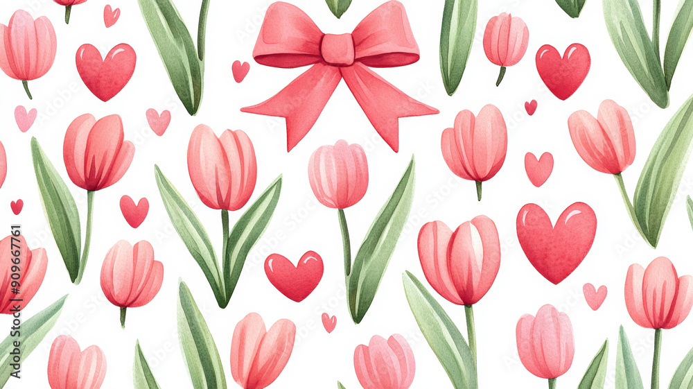 Poster Closeup of a delicate watercolor pattern with pink ribbons, tulips, and hearts on a light background 