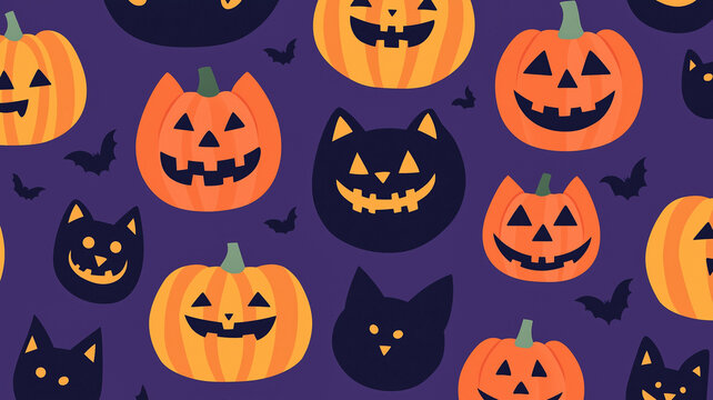 Closeup of a gradient Halloween background with a gentle transition from orange to dark purple, featuring faint pumpkin shapes and cat symbols 