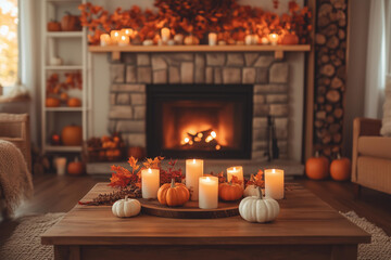 cozy fall living room with warm, rich colors and lots of candles on the coffee table. The fireplace is decorated for autumn with orange leaves hanging from above it, pumpkins scattered around