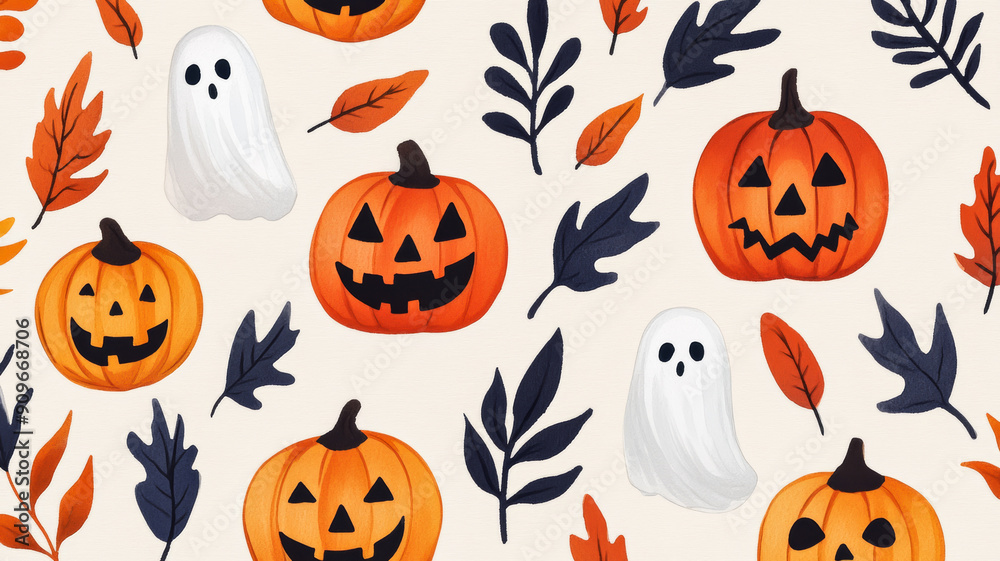 Wall mural Closeup of a seamless watercolor pattern with jack-o'-lanterns, autumn leaves, and ghosts on a soft beige background 