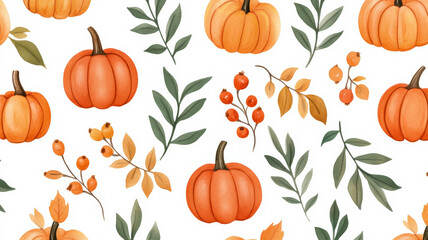 Closeup of a seamless watercolor pattern with pumpkins, leaves, and berries in warm autumn colors on a light background 