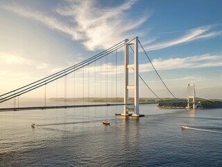 Obraz premium A bridge spans a body of water with a boat in the foreground