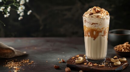 Caramel Milkshake on Dark Blurred Background