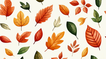 Obraz premium Overhead view of a soft watercolor pattern with various autumn leaves in warm hues on a light beige background 