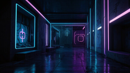 Futuristic Sci-Fi Abstract: Blue and Purple Neon Light Shapes on Black Background with Reflective Concrete, Cool Neon Lighting, High-Tech Atmosphere. AI Generated