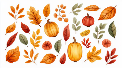 Overhead view of a vibrant watercolor pattern with fall foliage, gourds, and corn in warm autumn colors on a white background 