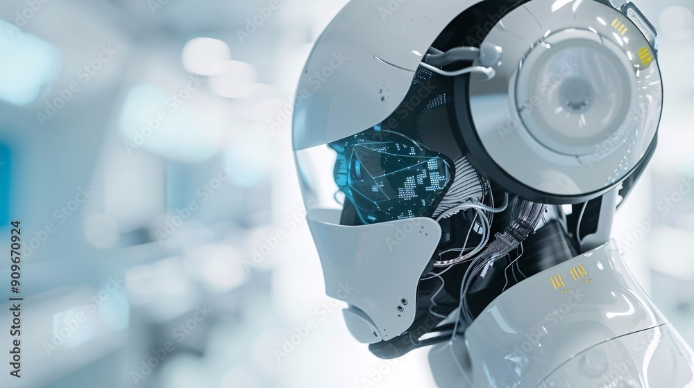 Poster hyper-realistic render of advanced ai robot, human-like features, lab setting,