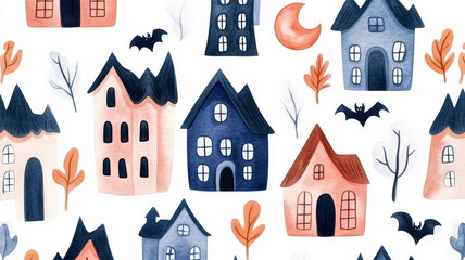 Fototapeta premium Overhead view of a watercolor design featuring haunted houses, moons, and bats in eerie colors on a white background 