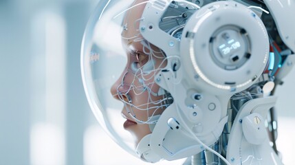 Hyper-realistic render of advanced AI robot, human-like features, lab setting,