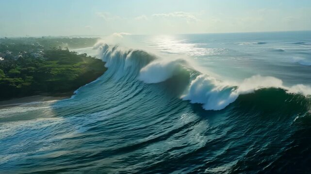 Massive waves crash along the shoreline at sunrise in a coastal city, tsunami