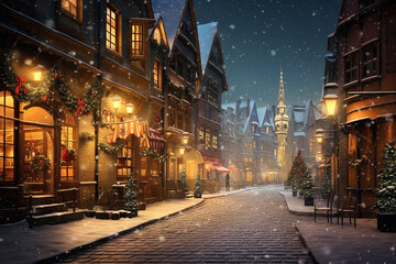 Fototapeta premium Street decorated for Christmas in a small European town. AI Gemerated image.