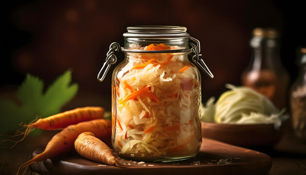 einmachglas, wei&szlig;kohl, karotten, neu, close up, glas, gesund, essen, kohl, holz, h&ouml;lzern, gew&uuml;rz, vegetarier, kochen, k&ouml;stlich, weckglas, einmachen, gem&uuml;se, eingelegt, bio, hausgemacht, 1