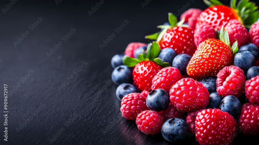 Wall mural Wide angle of assorted berries like strawberries, raspberries, and blueberries on a dark background creating a vibrant, juicy look 