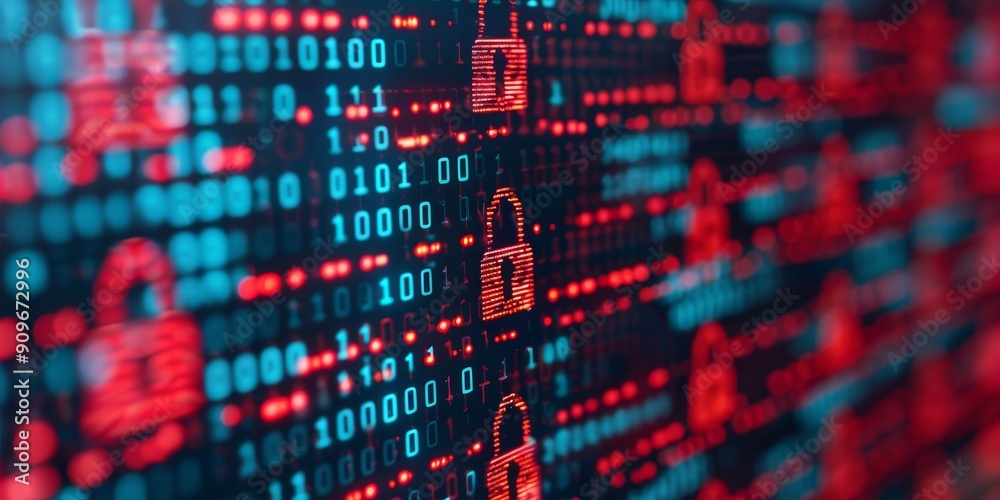 Poster cyber security concept - abstract data protection illustration with red and blue binary code and pad