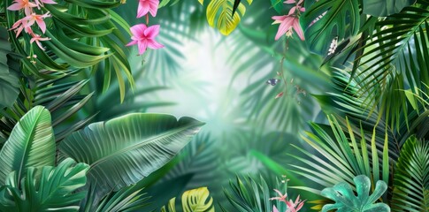 biological diversity in a vibrant rainforest ecosystem, showcasing a rich array of flora and fauna in a dynamic and colorful environment.