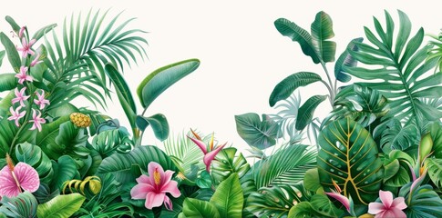 biological diversity in a vibrant rainforest ecosystem, showcasing a rich array of flora and fauna in a dynamic and colorful environment.