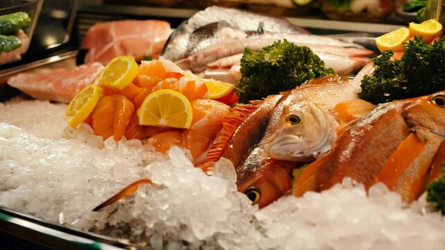 Fresh seafood on ice display at fish market, gourmet raw ingredients closeup