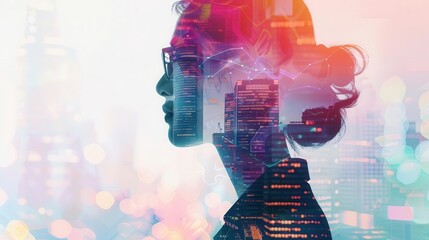 Double exposure portrait of a woman with city lights overlay, representing urban life and modern society.