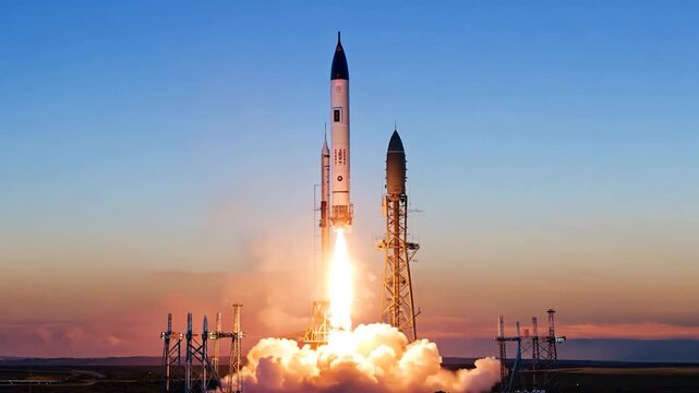 A rocket ascends into the sky with flames and smoke, launched against a stunning sunset backdrop that highlights the spacecraft's impressive engineering.