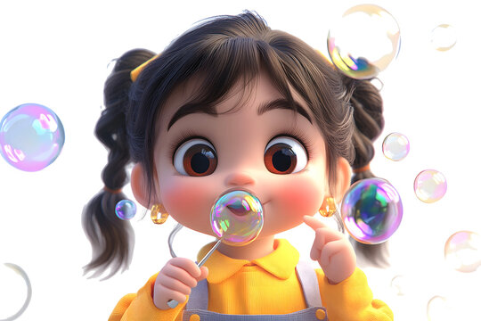 3D catoon little child blowing bubbles, PNG file, transparent background