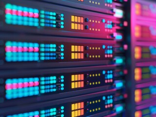 close-up of data server racks with colorful lights - modern technology and network infrastructure