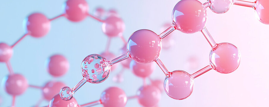 A detailed close-up of a pink molecular structure, representing collagen, retinol, or ceramide used in cosmetic products