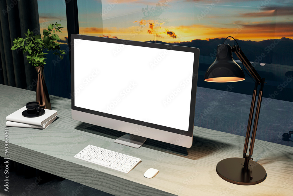 Poster contemporary designer office interior with empty white mock up computer screen. panoramic window wit