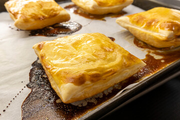 pastry made from puff pastry with apples and seeds. Dessert. food concept