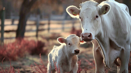 Obraz premium Mother cow showing affection to calf in golden hour light