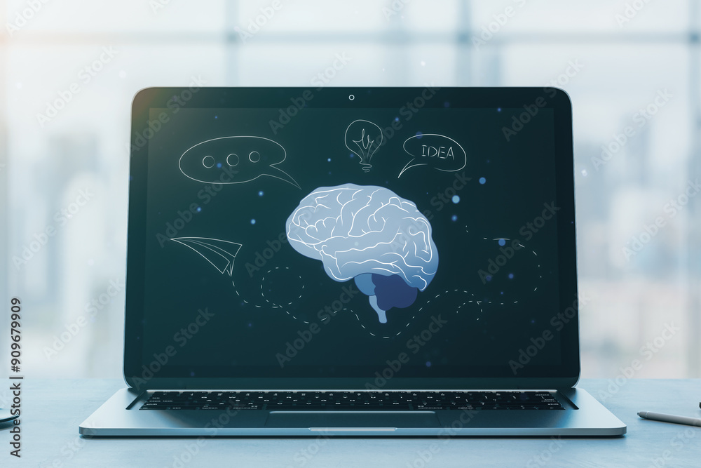 Poster Close up of laptop on desk with creative AI brain on blurry windows and city view background. Artificial intelligence and machine learning concept. 3D Rendering.