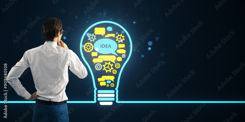 Poster back view of thoughtful young european businessman with creative digital gears light bulb hologram o