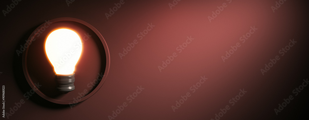 Poster Glowing lamp on creative dark wide brown background with mock up place. Solution and innovation concept. 3D Rendering.
