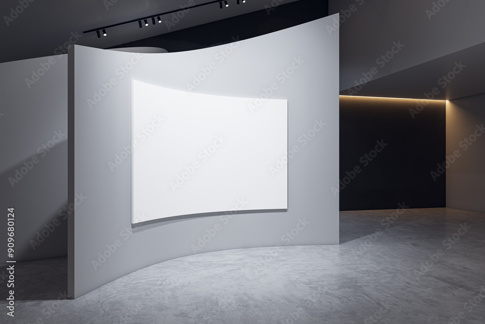 Poster modern concrete gallery interior with shaped wall and empty white mock up poster. 3d rendering.