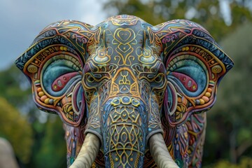 Wild Life: Colorful Elephant Statue with Asia Art Style Ornament on Nature Background