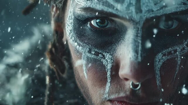 Viking warrior woman with face paint in snow, intense gaze in dramatic closeup