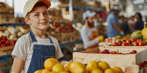 Fototapeta premium young boy wearing apron working at a produce stand in a busy market smiling and looking at the camera.