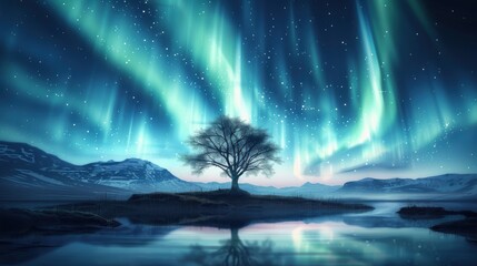 Create a mesmerizing illustration of a mystical aurora dancing across a starry night sky in a fantasy realm.