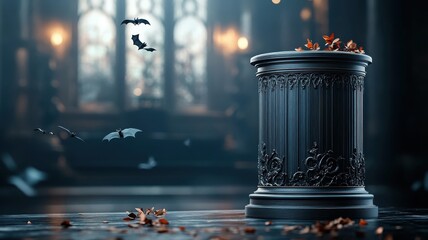 Gothic podium in castle hall with bats.