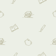 Light seamless pattern with attributes of school, autumn, learning, first bell. Simple vector illustration with repeating school icons of textbooks, notebook, apple, pencil