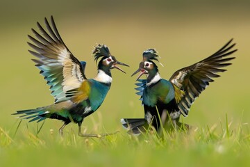 Obraz premium A pair of northern lapwings displaying their striking plumage while foraging in a meadow. 