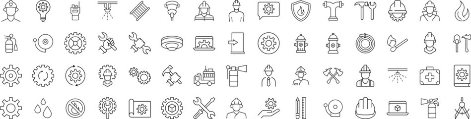Collection of icons of firefighter, engineer, builder for Advertisement. Suitable for books, stores, shops. Editable stroke in minimalistic outline style. Symbol for design