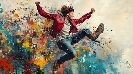 Collage poster with a lively man jumping up with a fist pump, isolated on a richly detailed and creative background