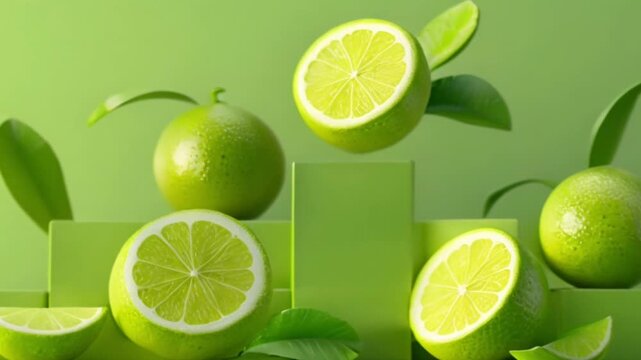 Green lime fruit with leaves on green background. 3d illustration.