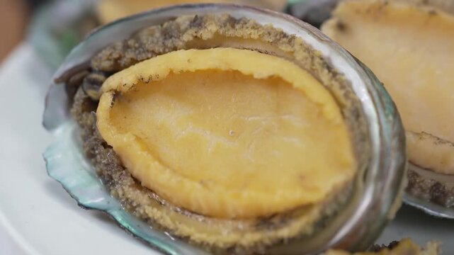 실내에 준비된 신선한 전복 요리