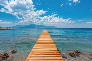 Obraz premium Wooden pier extending into tranquil ocean with mountains in the distance