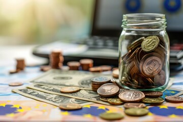 Money spread out on the table and eu symbols background