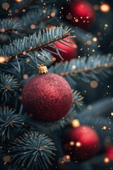 Obraz premium Christmas tree decorated with shiny red baubles and small golden twinkles in the background. Vertical greeting card